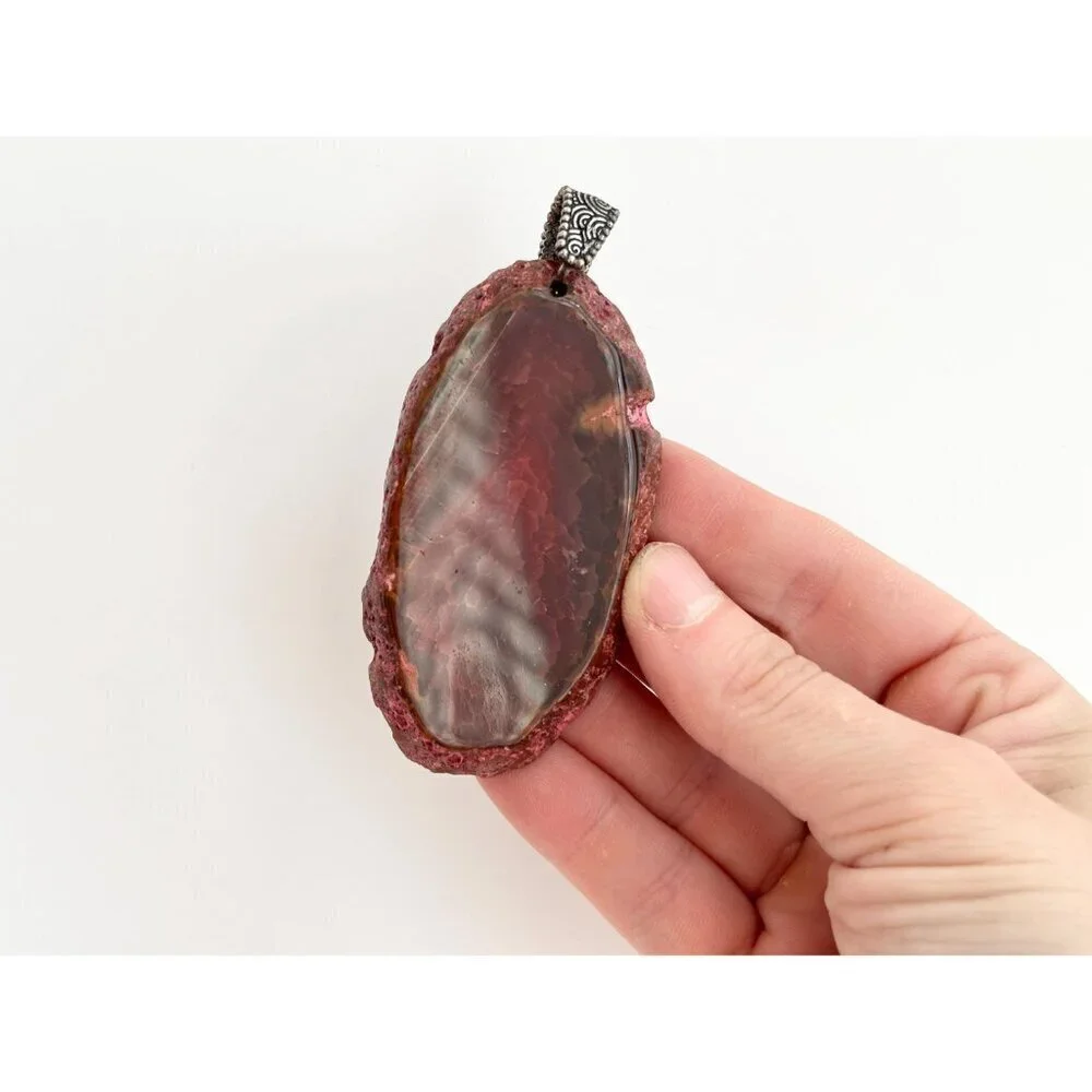 Red Sliced Agate Smooth Crystal Freeform Large Silver Toned Vintage Pendant